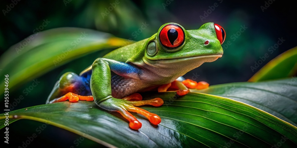 Captivating Low Light Photography of a Green Frog with Red Eyes on a Leaf in Nature's Embrace Captivating Low Light Photography of a Green Frog with Red Eyes on a Leaf in Nature's Embrace
