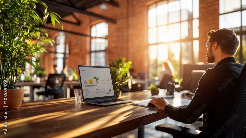 A focused professional working in a bright, modern office during a sunny afternoon A focused professional working in a bright, modern office during a sunny afternoon