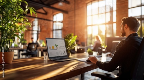 A focused professional working in a bright, modern office during a sunny afternoon