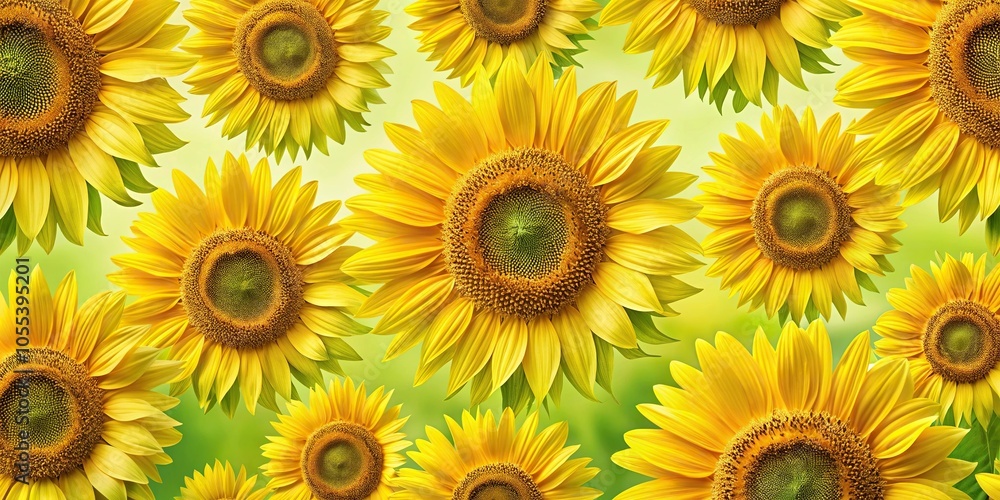 A repeating pattern of large sunflowers in various stages of bloom against a soft green and yellow background, wall art, interior design, flower arrangement, nature-inspired decor A repeating pattern of large sunflowers in various stages of bloom against a soft green and yellow background, wall art, interior design, flower arrangement, nature-inspired decor