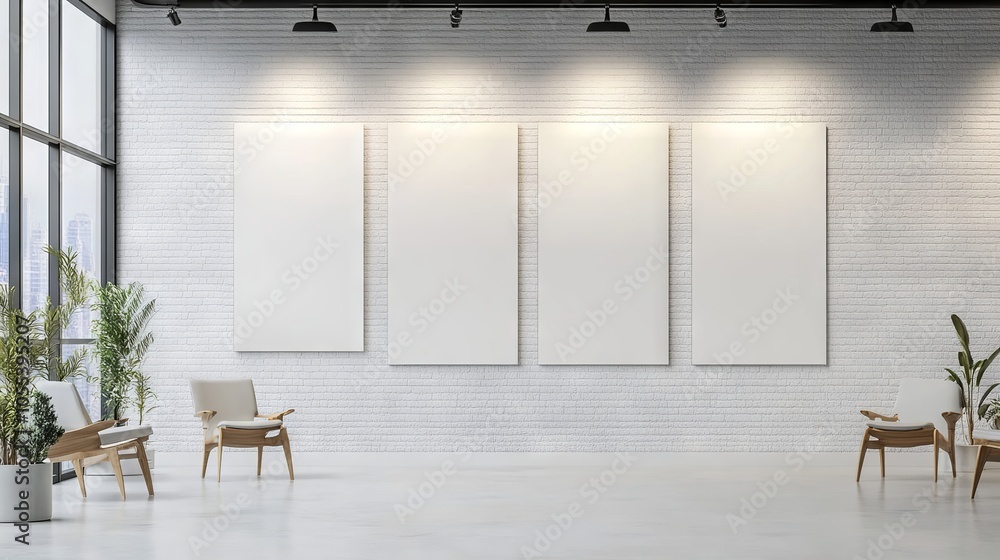 Blank white wall in modern minimalist office interior with bright natural light, sleek decor, and open floor plan workspace