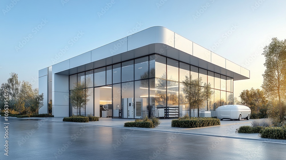 Modern Glass-Faced Building with a White Car in Front Modern Glass-Faced Building with a White Car in Front