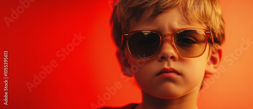 Portrait of a Cool Boy Wearing Sunglasses Against a Red Background, Portrait of a Cool Boy Wearing Sunglasses Against a Red Backgrou