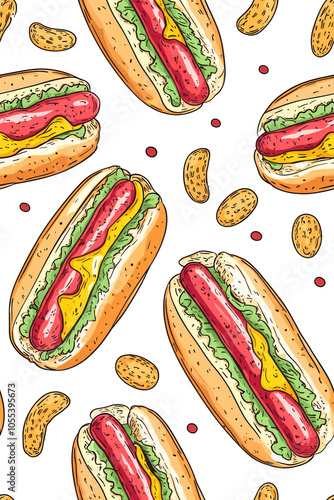 Vertical Hotdog seamless background hand drawn art. Fast food continuous pattern from sketchy hot dogs.