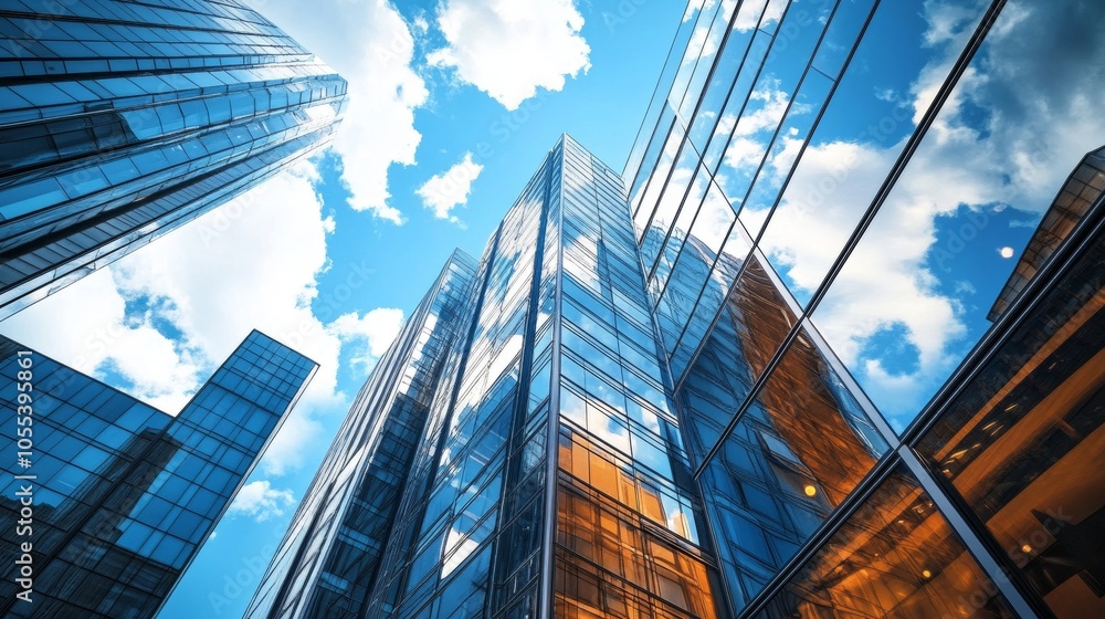 Modern Architecture, Glass Skyscrapers Reaching for a Blue Sky with Clouds, Business District. Modern Architecture, Glass Skyscrapers Reaching for a Blue Sky with Clouds, Business District.