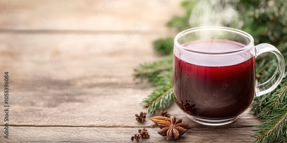 Mulled wine in glass with spices, festive decoration Mulled wine in glass with spices, festive decoration