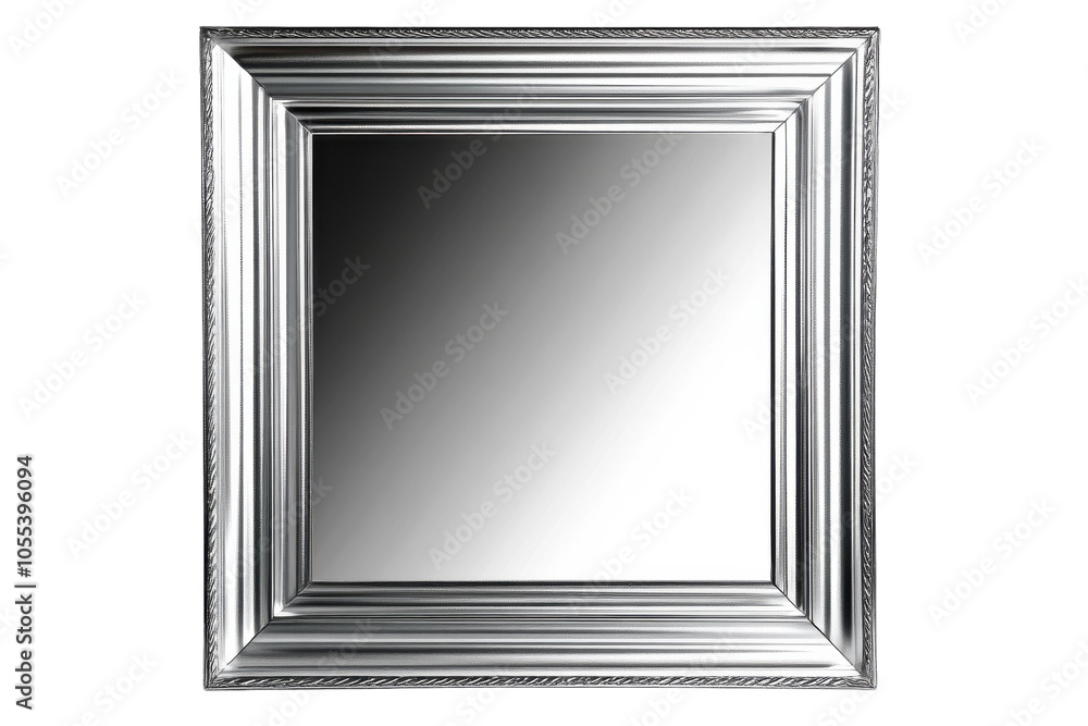 Reflective square mirror with an ornate silver frame displayed against a neutral wall background Reflective square mirror with an ornate silver frame displayed against a neutral wall background