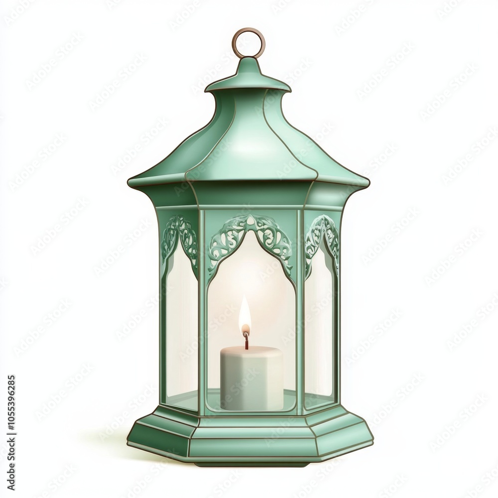 Green lantern with a burning candle inside, isolated on a white background. Green lantern with a burning candle inside, isolated on a white background.