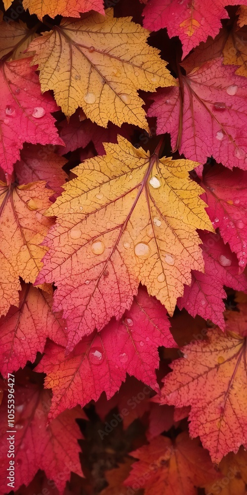 Close-up of vibrant autumn leaves covered in water drops, showcasing the beauty of nature, natural, nature, weather Close-up of vibrant autumn leaves covered in water drops, showcasing the beauty of nature, natural, nature, weather