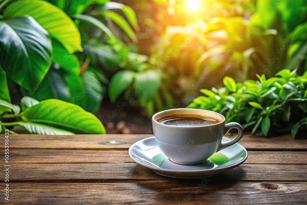 A richly brewed cup of coffee sitting on a wooden table, surrounded by lush green plants and natural elements, relaxation, home, brewing, cozy A richly brewed cup of coffee sitting on a wooden table, surrounded by lush green plants and natural elements, relaxation, home, brewing, cozy