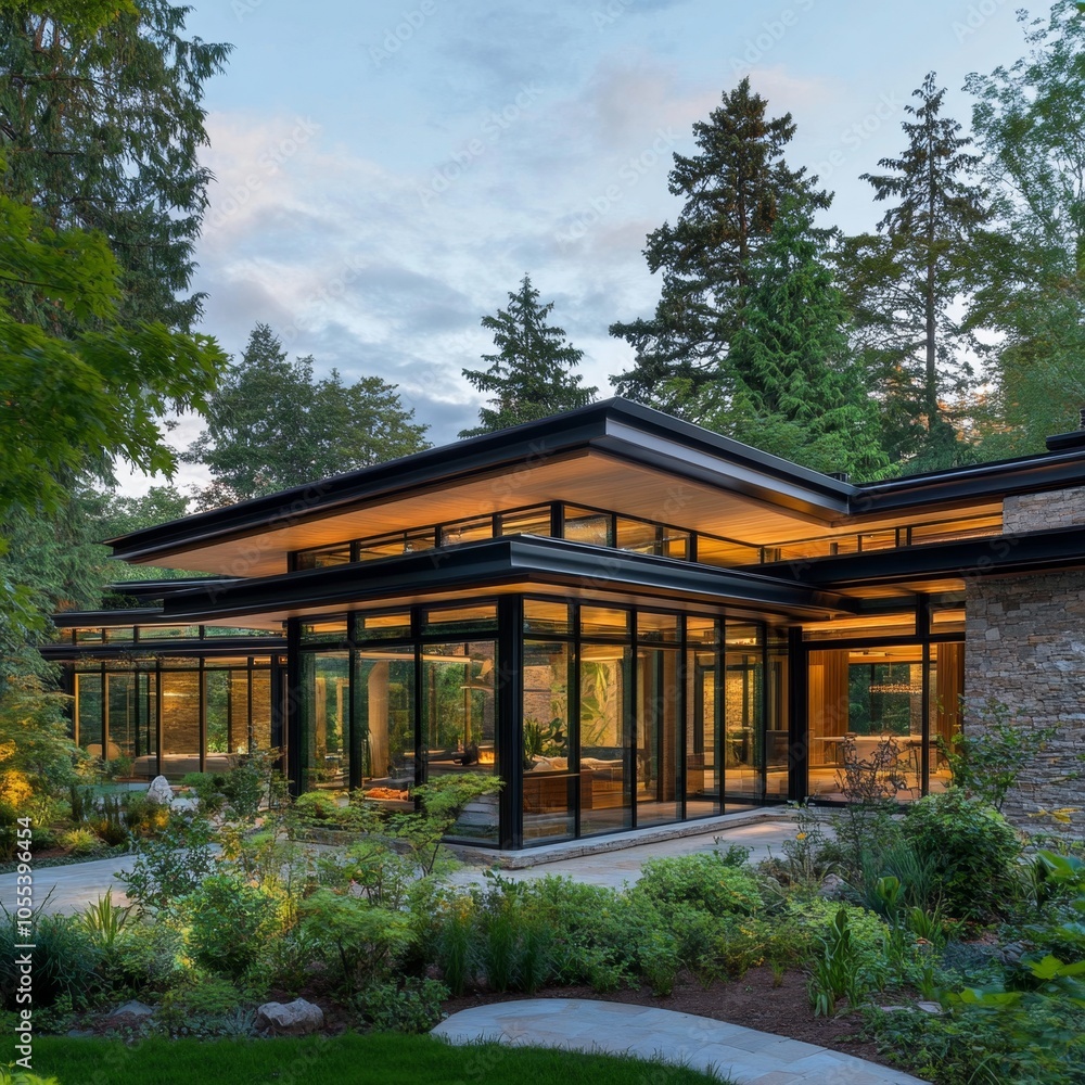 Modern house with large windows and a stone facade. Modern house with large windows and a stone facade.