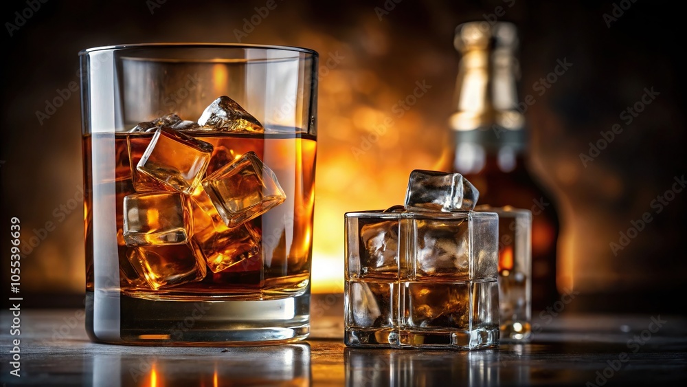 Close-up of whiskey bottle with a subtle ice cube floating in it, frozen liquid, whiskey bottle Close-up of whiskey bottle with a subtle ice cube floating in it, frozen liquid, whiskey bottle