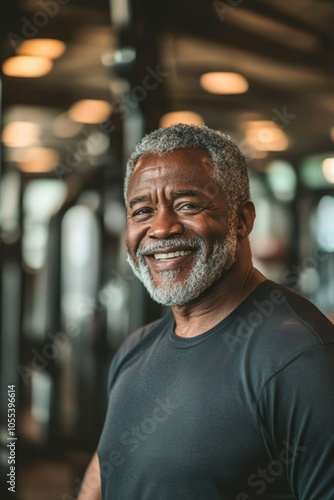 smiling elderly african american fitness enthusiast in sportswear at gym. active aging and exercises, healthy lifestyle. workout, health, wellness. healthy lifestyle, senior leisure