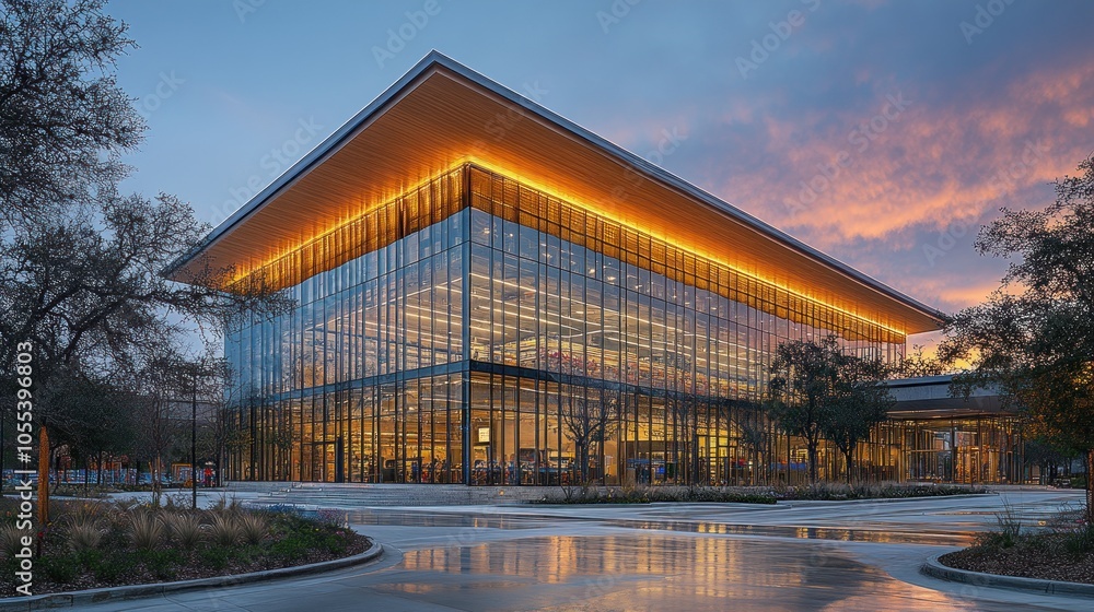 Obraz premium Modern Glass Building with Illuminated Roof at Sunset