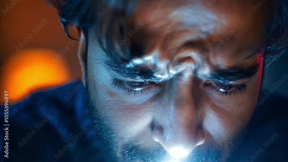 A man appears to be deep in thought or contemplation, with shadows highlighting his facial features and a blurred background.