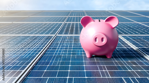 Pink piggy bank on solar panels, symbolizing savings