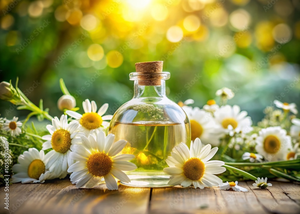 Chamomile Oil Bottle Surrounded by Flowers for Spa and Aromatherapy Treatments Chamomile Oil Bottle Surrounded by Flowers for Spa and Aromatherapy Treatments
