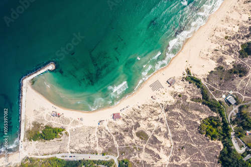 Aerial view of beautiful Arkutino beach with sandy shore and blue sea, Duyni, Bulgaria. photo