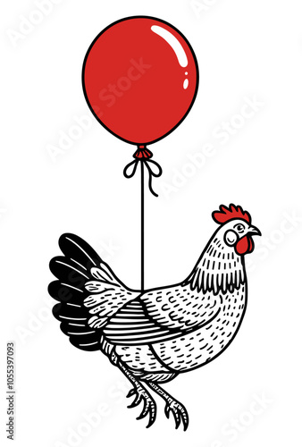 hen flying on a red balloon funny illustration