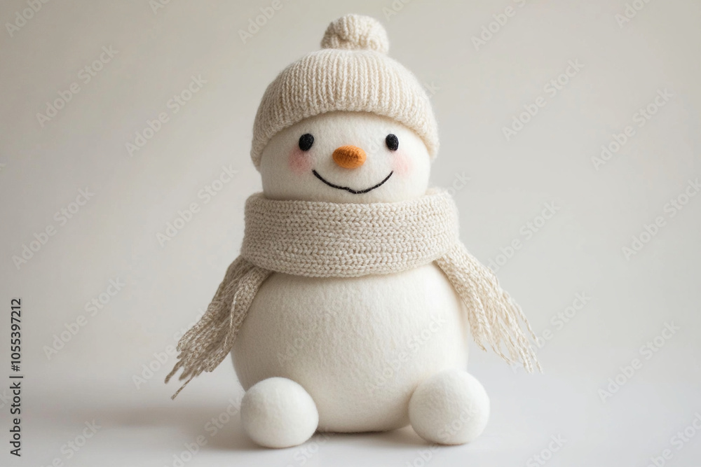 Obraz premium A snowman doll made of polar fleece, wearing a cotton hat and scarf