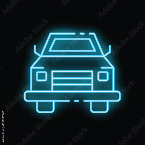 Neon blue pickup truck glowing on black background, front view, great for automotive industry icons