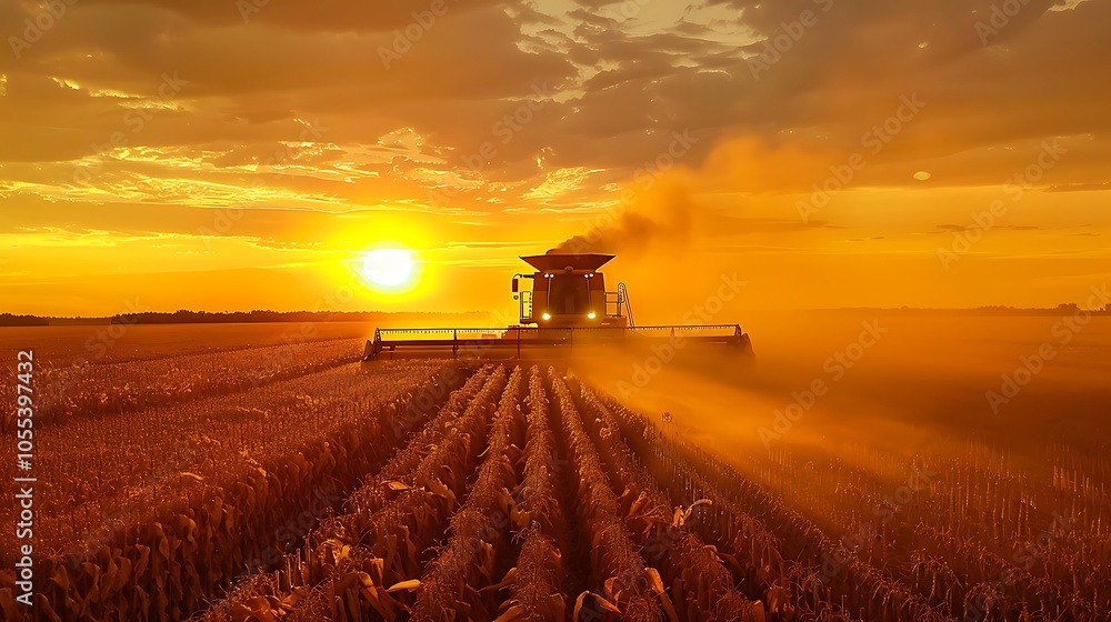 The sun seting on this combine set up for corn harvesting The sun seting on this combine set up for corn harvesting