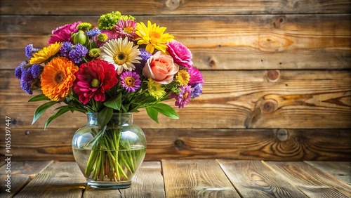 Colorful bouquet of fresh flowers arranged in a vase on a wooden table, colorful flowers, decorative flowers, mother's day gifts, spring flowers, indoor flowers