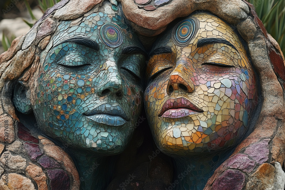 Ssculptures - two faces man and woman with chakras tree in beckground Ssculptures - two faces man and woman with chakras tree in beckground