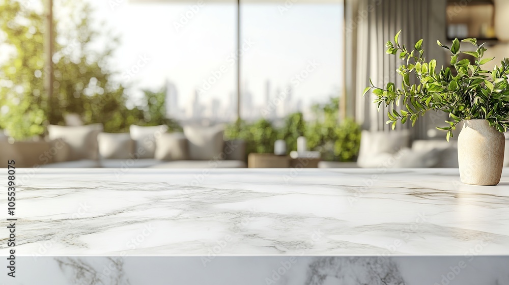 Elegant marble countertop with copy space for product placement, set against a stylish, blurred living room interior background Elegant marble countertop with copy space for product placement, set against a stylish, blurred living room interior background