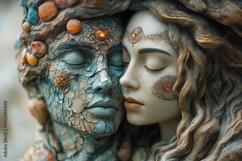 Ssculptures - two faces man and woman with chakras tree in beckground Ssculptures - two faces man and woman with chakras tree in beckground