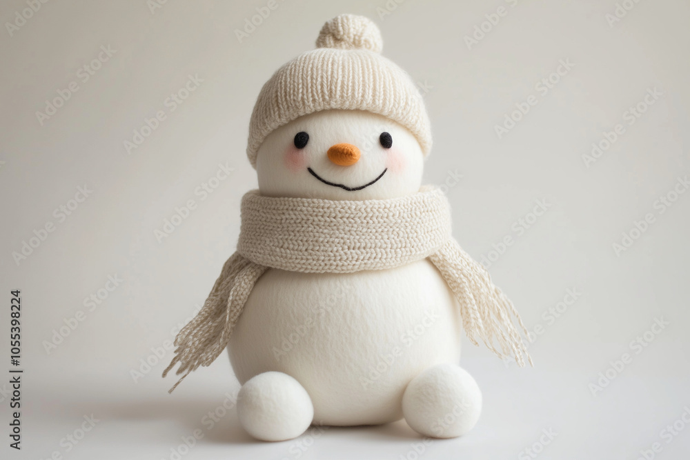 Obraz premium A snowman doll made of polar fleece, wearing a cotton hat and scarf