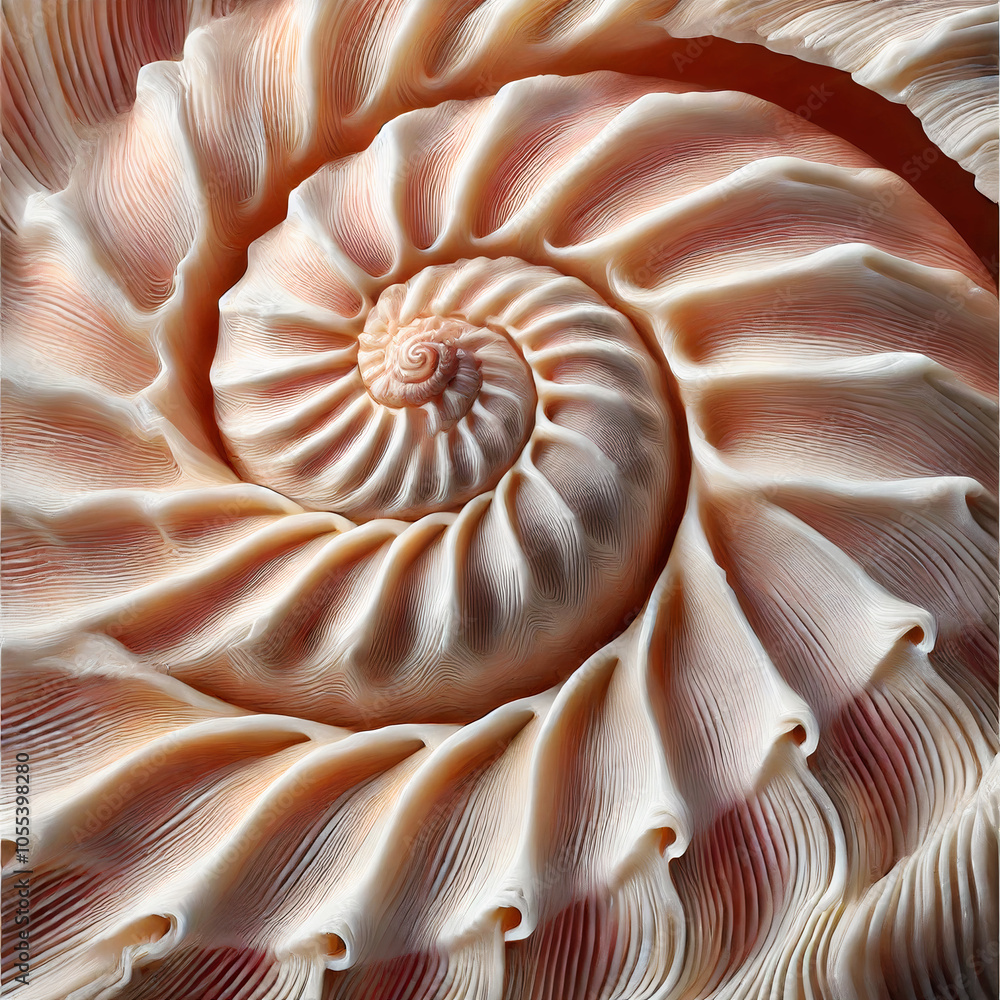 Detailed macro shot of a spiral shell with soft, intricate patterns and natural shades Detailed macro shot of a spiral shell with soft, intricate patterns and natural shades