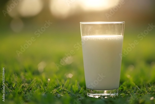 Glass of Milk on Green Grass photo