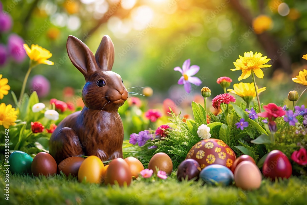 Fototapeta premium Chocolate Easter Bunny in a Charming Spring Setting for Festive Celebrations