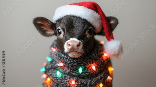 Little calf in a New Year's hat close-up photo