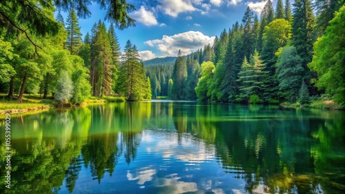 A serene and tranquil lake surrounded by towering trees with a green forest in the background, botanicals, landscape photography, calmness, nature