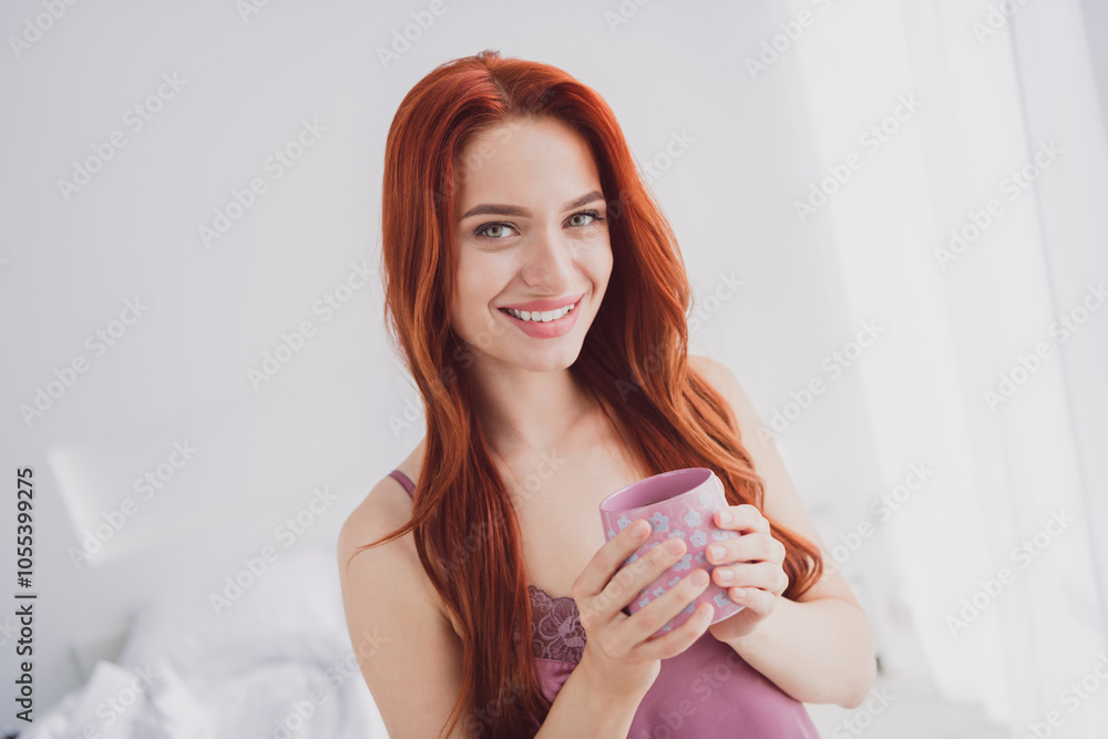 Photo of adorable cute lovely girl morning time comfortable modern bedroom drink coffee indoors white light interior Photo of adorable cute lovely girl morning time comfortable modern bedroom drink coffee indoors white light interior