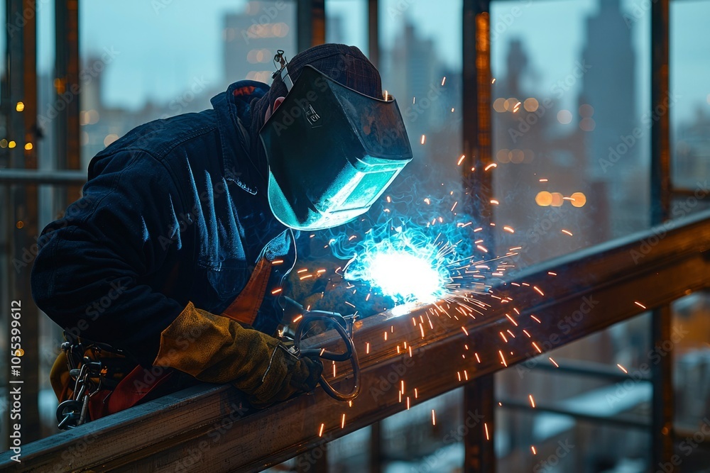 Welder working on a steel beam with sparks flying Welder working on a steel beam with sparks flying