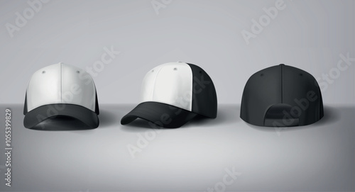 Black and white baseball caps mock up with logo in gray background, front sides. For branding and advertising.