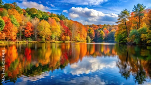A serene lake surrounded by tall trees with autumn leaves changing colors, nature, outdoor atmosphere, peaceful scene