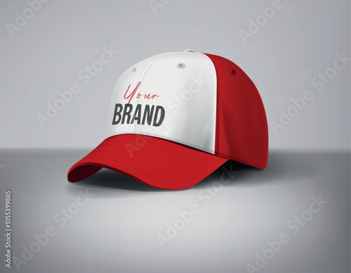 Red baseball caps mock up with logo in gray background, front sides. For branding and advertising.