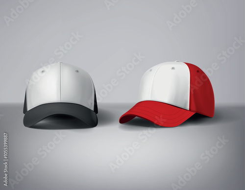 Black and red baseball caps mock up with logo in gray background, front sides. For branding and advertising.