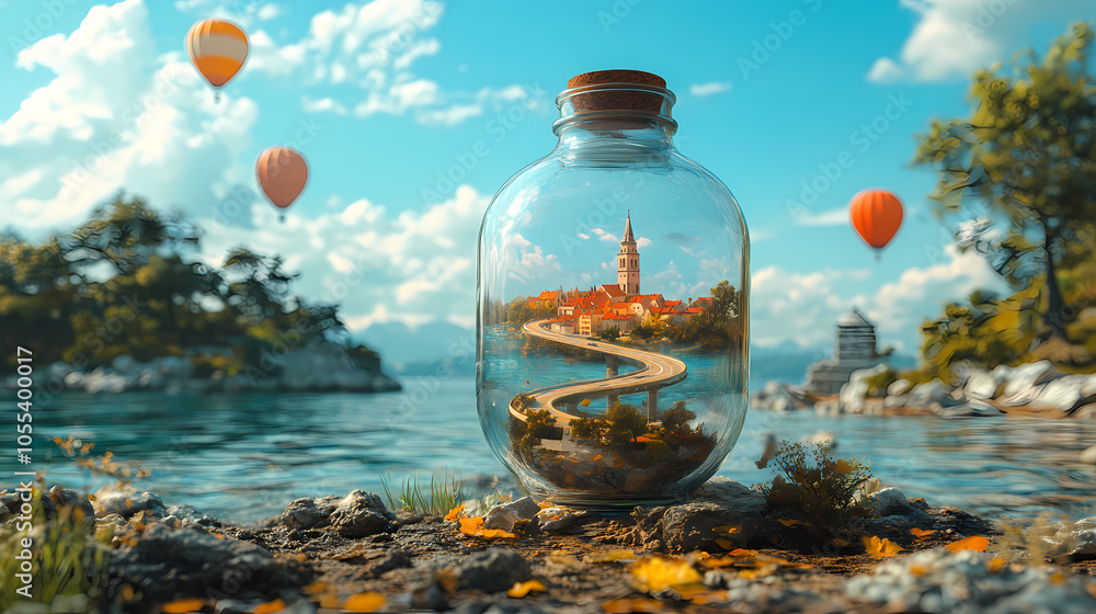 A miniature cityscape with a winding spiral road inside a transparent glass bottle. The road twists up like a spiral staircase, leading to tiny buildings, trees, and lampposts along the way. A miniature cityscape with a winding spiral road inside a transparent glass bottle. The road twists up like a spiral staircase, leading to tiny buildings, trees, and lampposts along the way.