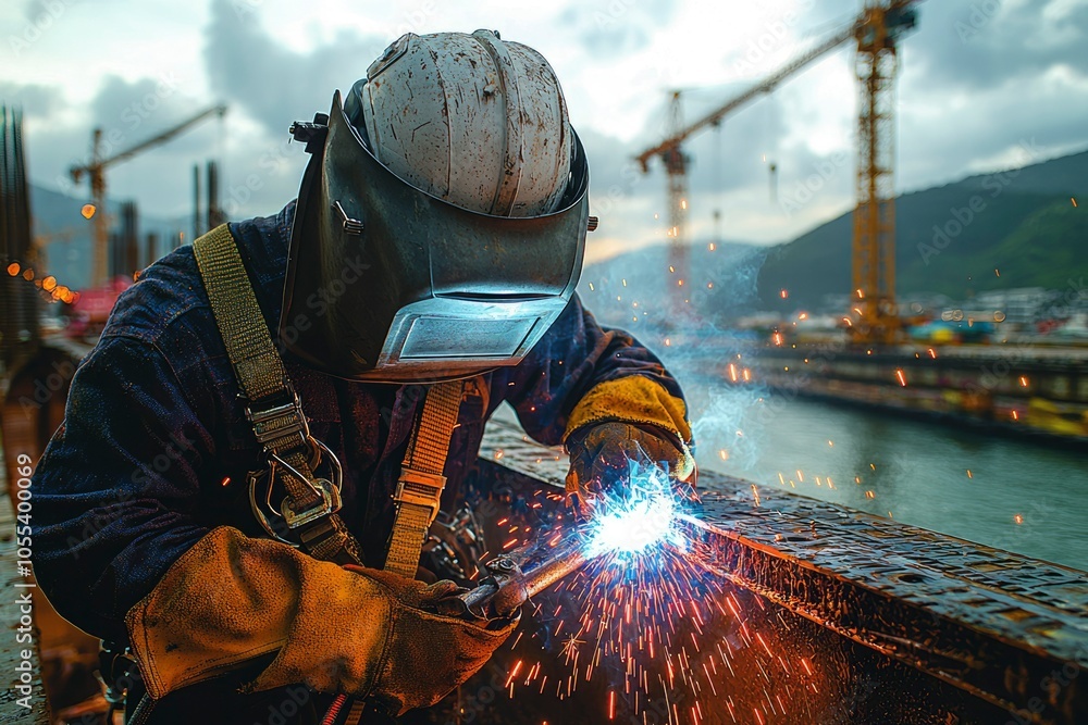Welder working on metal construction with sparks flying Welder working on metal construction with sparks flying
