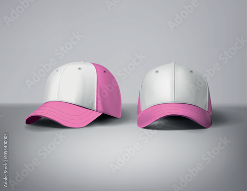 Pink girly baseball caps mock up with logo in gray background, front sides. For branding and advertising.