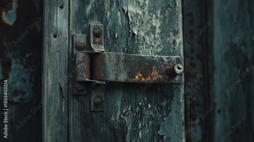 Rusty Door Hinge on Weathered Wooden Surface Rusty Door Hinge on Weathered Wooden Surface