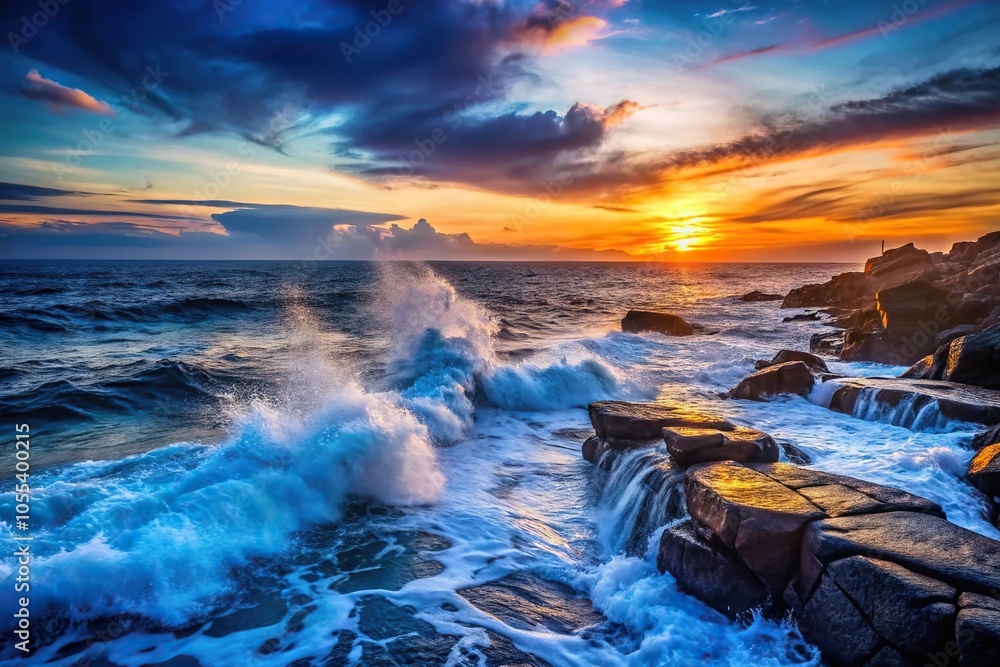 Fototapeta premium Dark navy blue waves crashing against a rocky coastline at sunset, sunset colors, coastal scenery, beach, marine life, navy blue