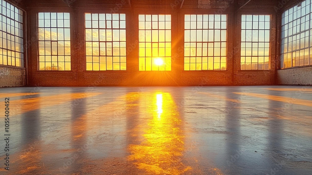 Sunset Through Large Windows in an Empty Brick Building Sunset Through Large Windows in an Empty Brick Building