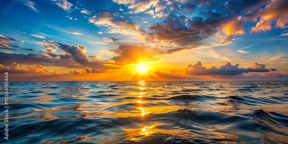 A Golden Sunset Paints the Ocean with Hues of Blue and Orange, Reflecting in Rippling Waves A Golden Sunset Paints the Ocean with Hues of Blue and Orange, Reflecting in Rippling Waves