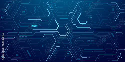 Electric light blue circuit board. Tech background. AI chip and semiconductor elements on dark blue technology bg. Cyber network. Digital concept. Electronics pattern or texture, Vector illustration. 